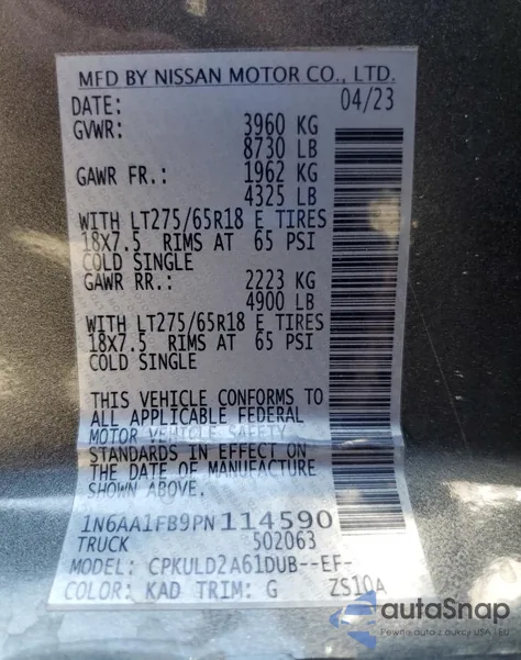 2023 Nissan Titan Xd Sv z USA, uszkodzony, nr VIN 1N6AA1FB9PN114590